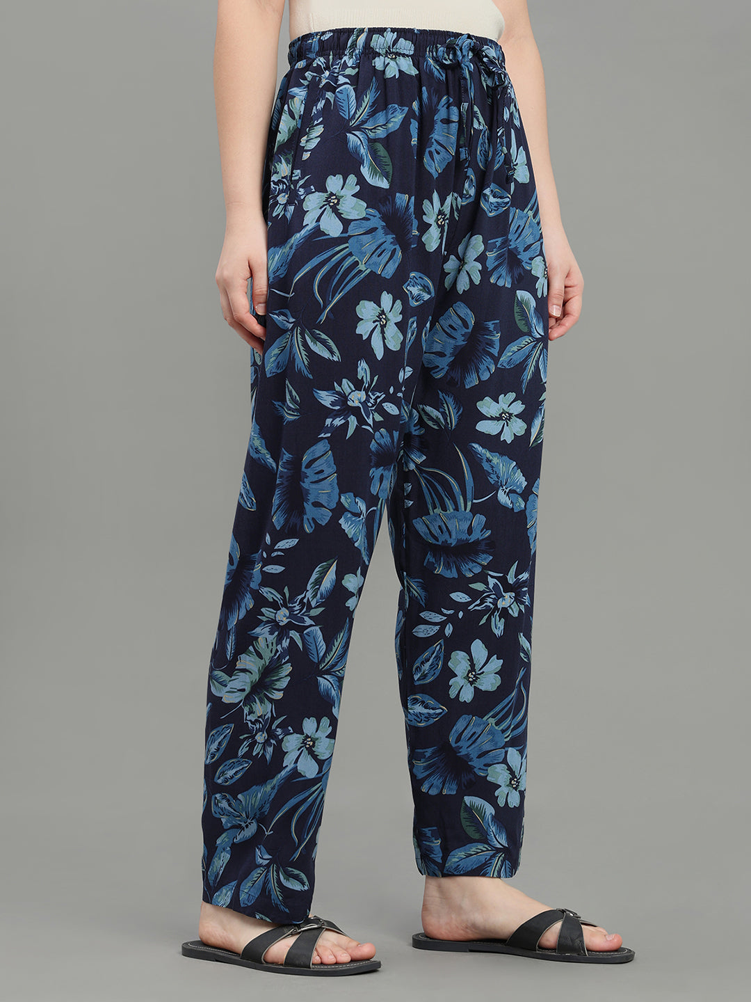 Navy Woven Viscose Printed Lounge Pants