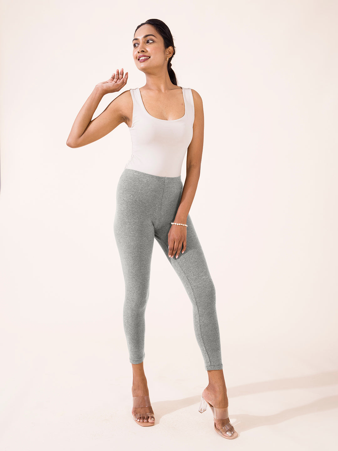 Grey Melanges Cotton Stretch Ankle Length Leggings