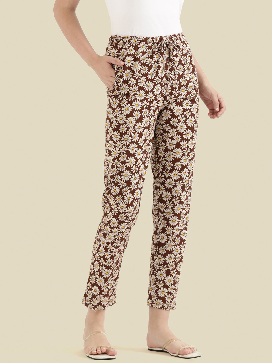 Brown Cotton Knit Printed Lounge Pants