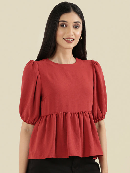 Hammered Crew Neck Peplum Top