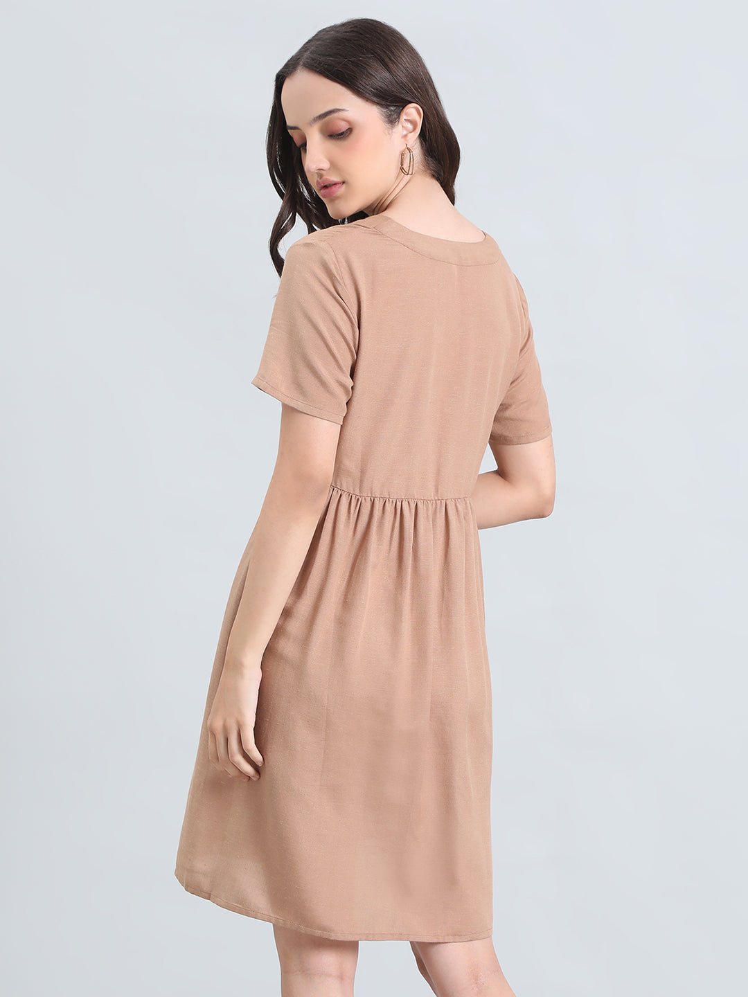 Linen V-Neck Regular Fit Short Dress
