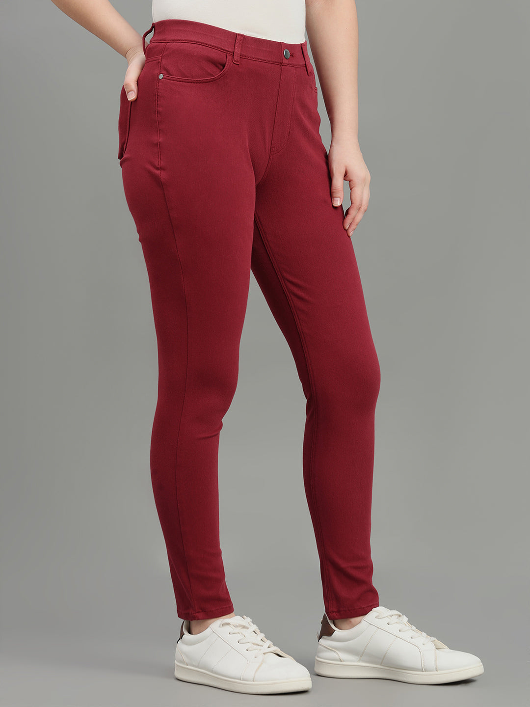 Bright Maroon Cotton Polyester Super Stretch Jeggings