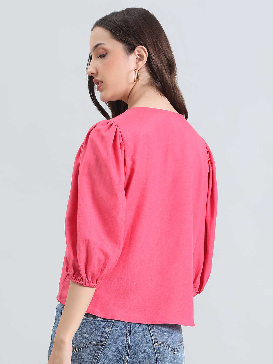 Linen Puff Sleeve Crew Neck Shirt