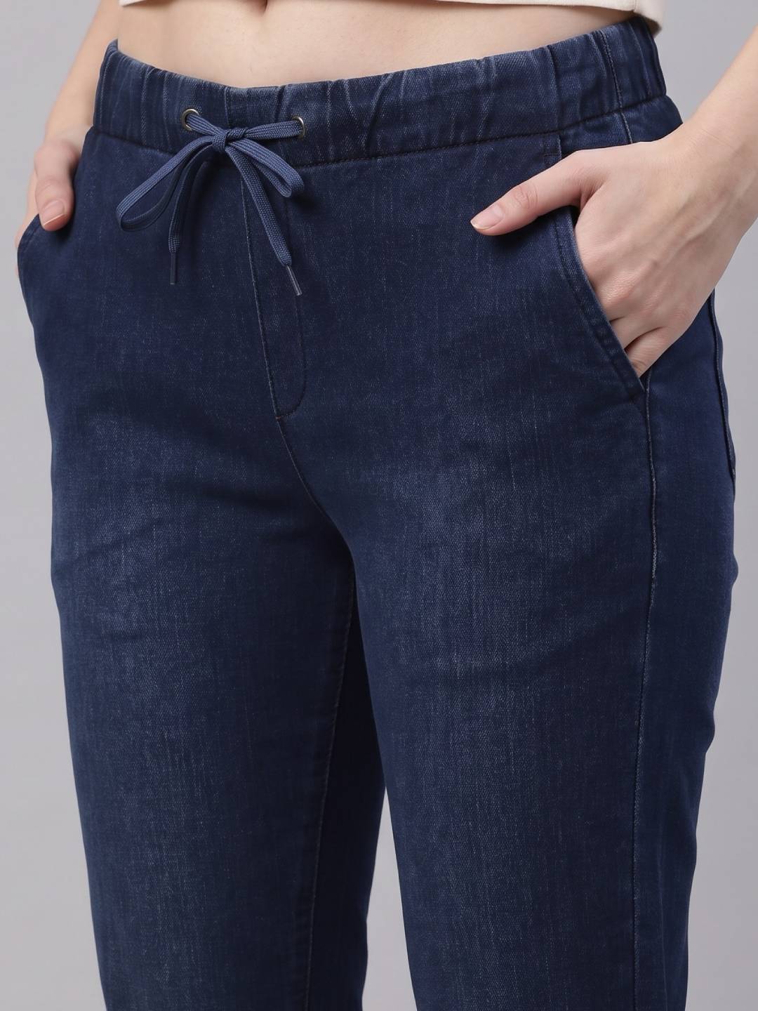 Blue Cotton Poly Stretch Denim Joggers