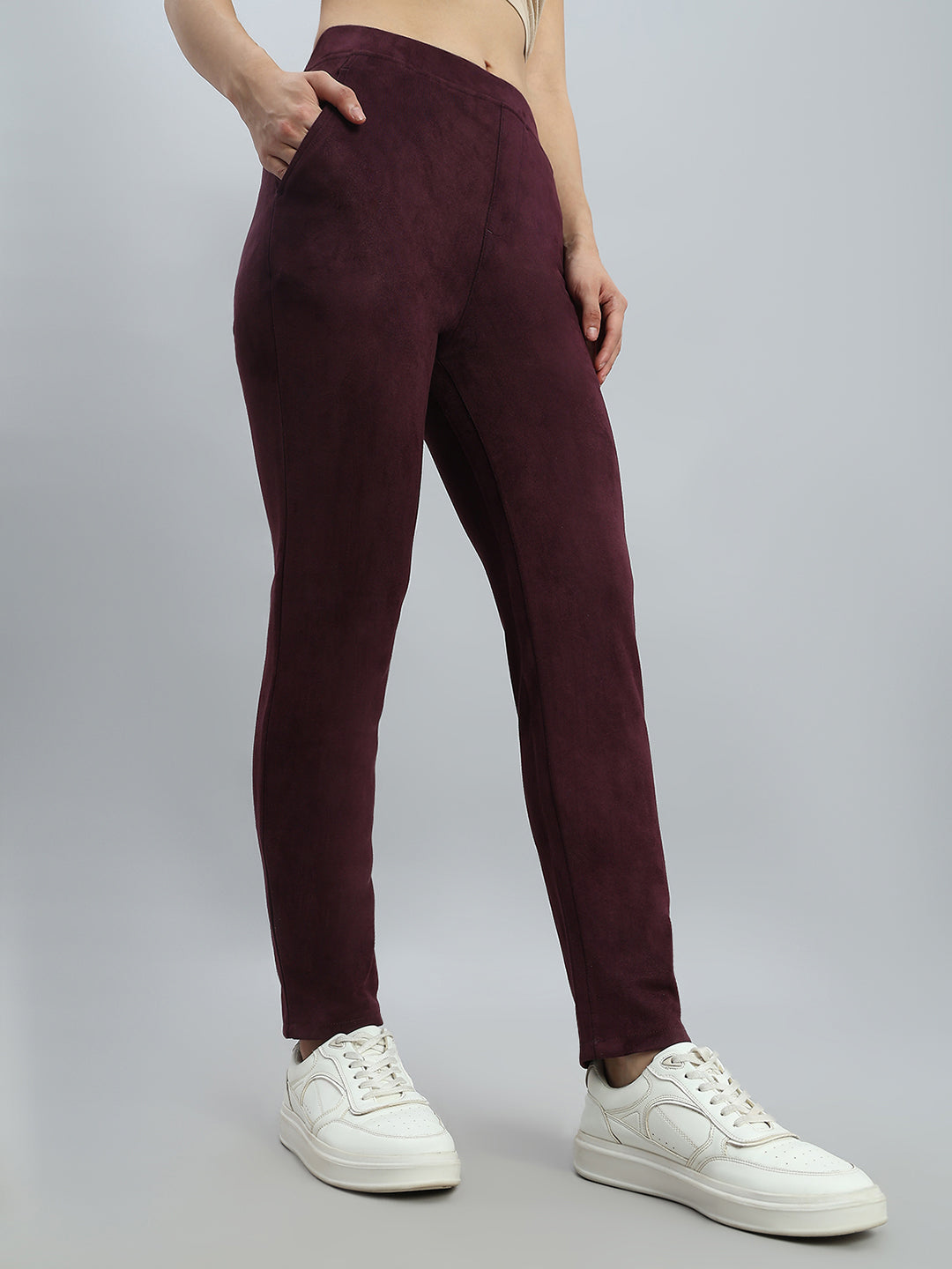 Wine Poly Stretch Suede Tregging