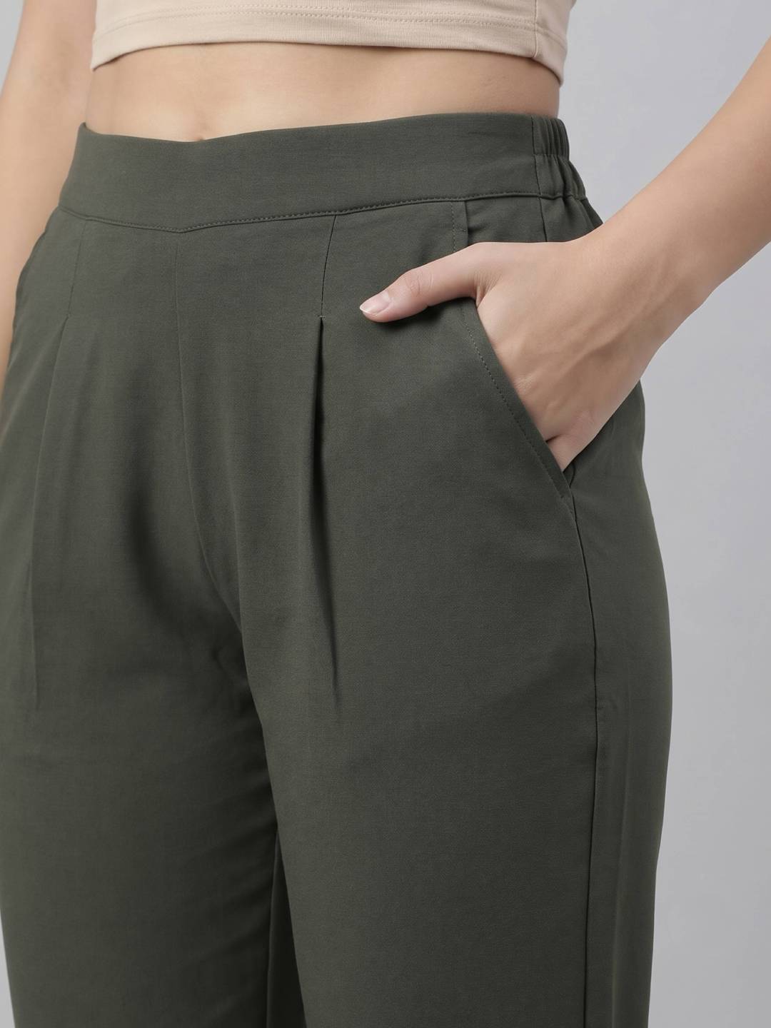 Olive Green Woven Cotton Stretch Formal Trouser