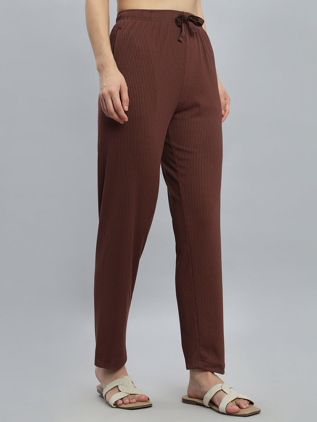 Brown Drop Needle Fabric Casual Rib Pant