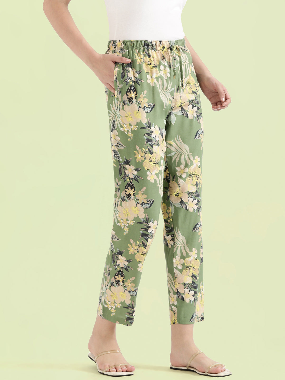 Green Woven Viscose Printed Lounge Pants