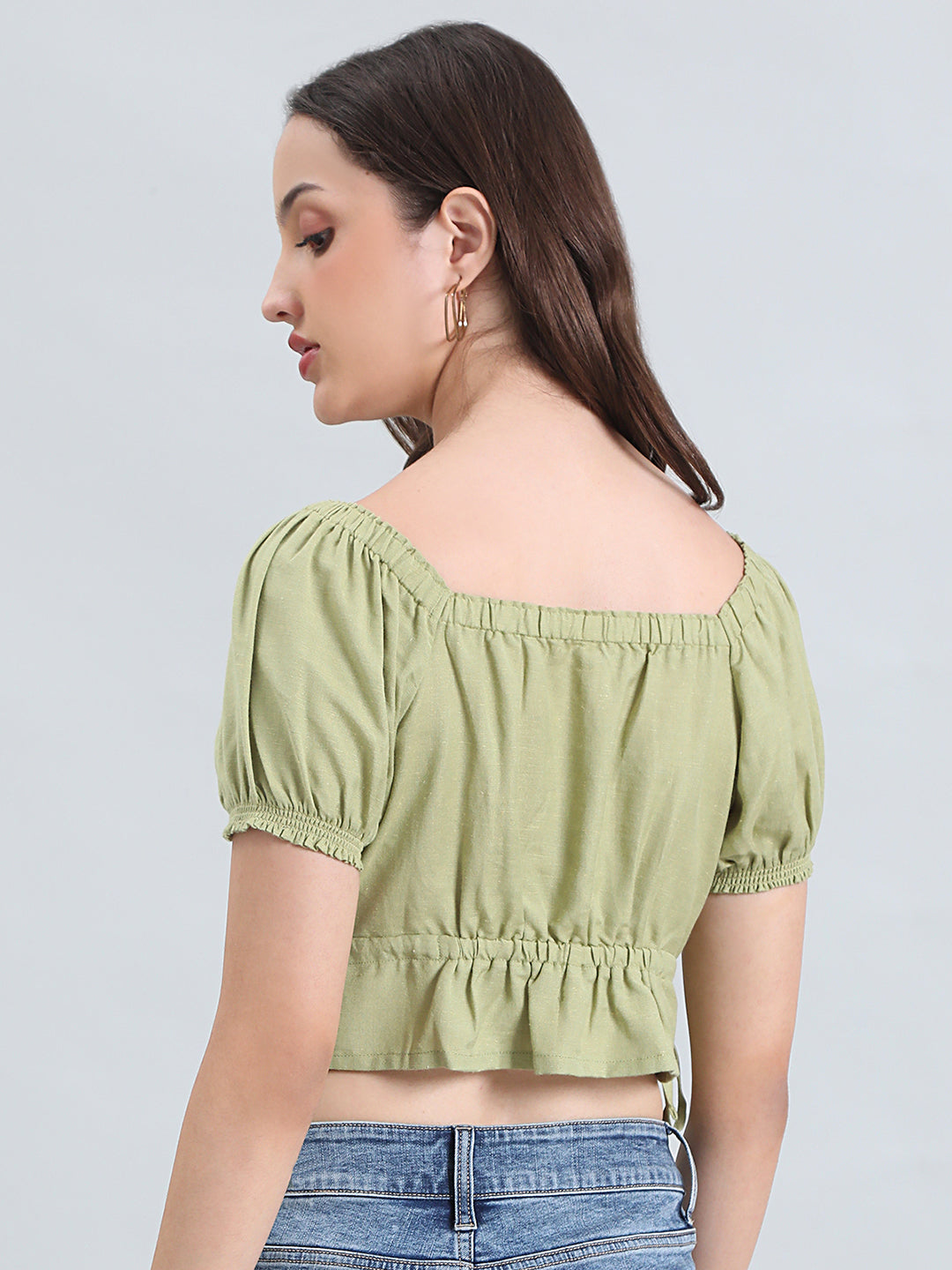 Linen Blend Square Neck Cropped Gathered Blouse