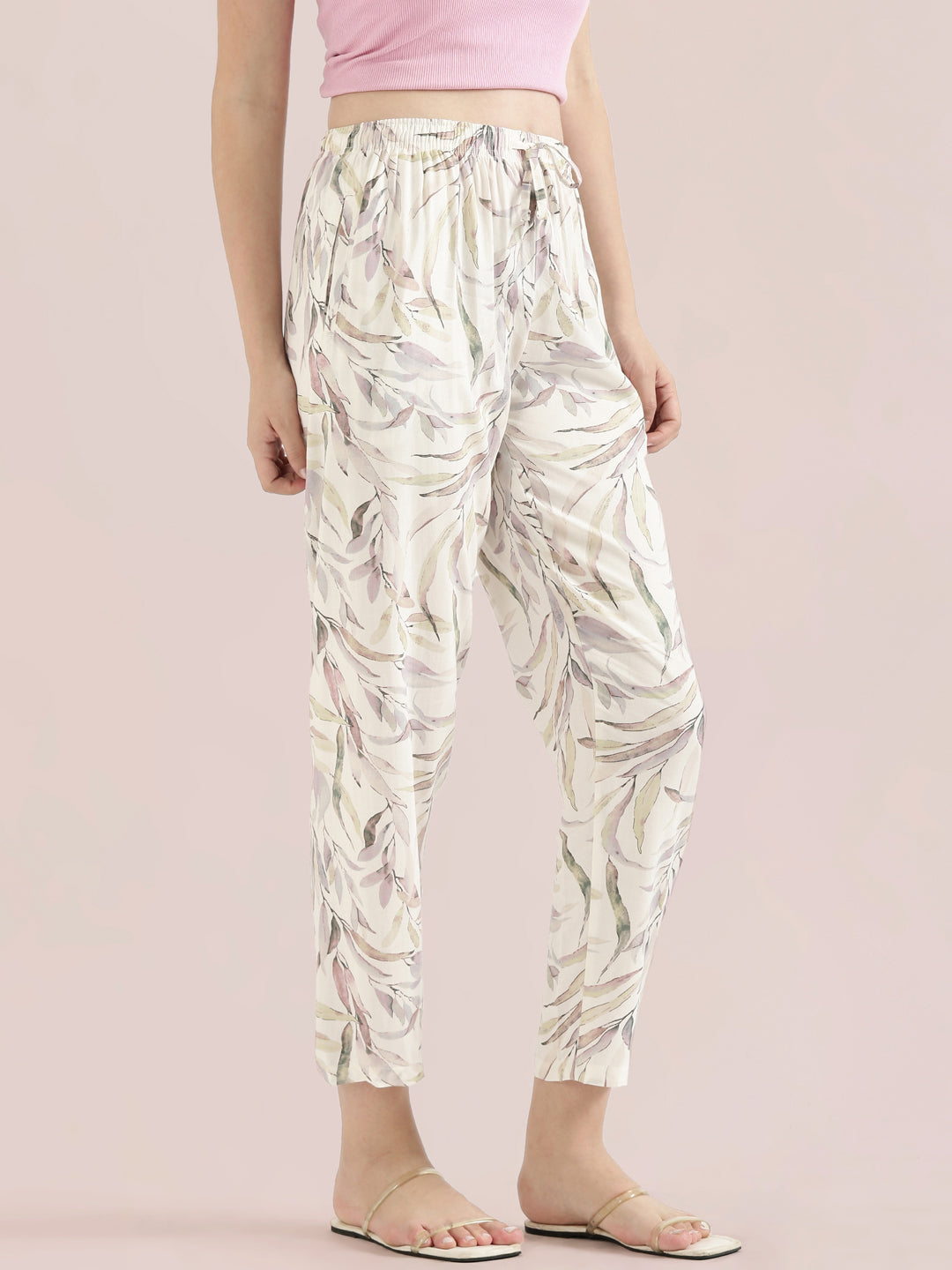 White Woven Viscose Printed Lounge Pants
