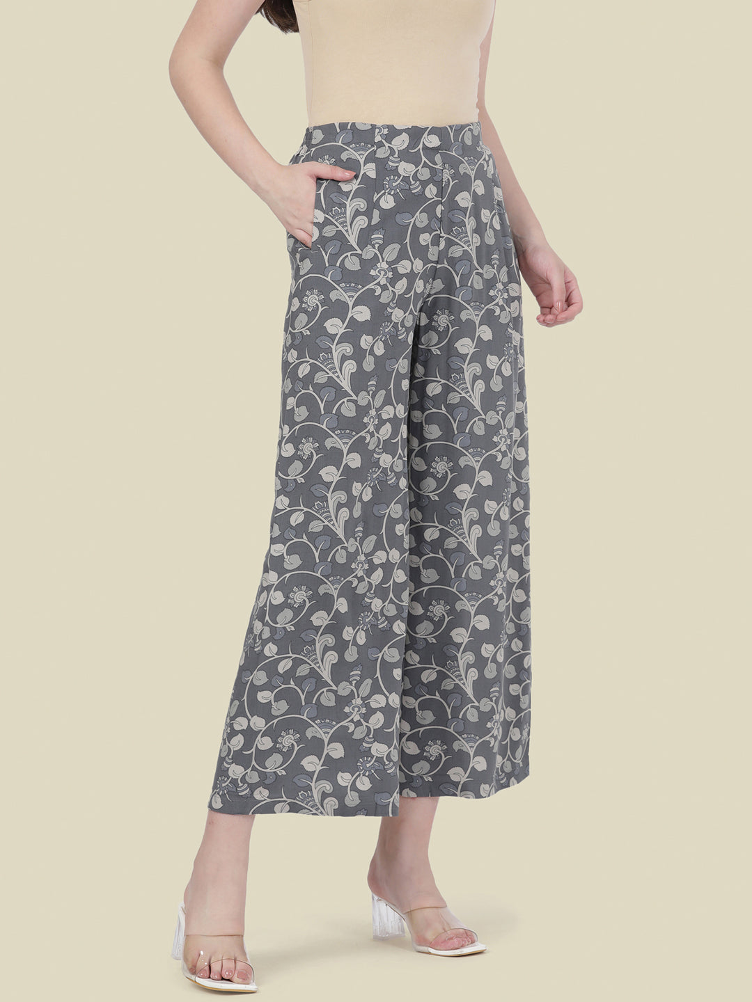 Grey Woven Viscose Printed Palazzo