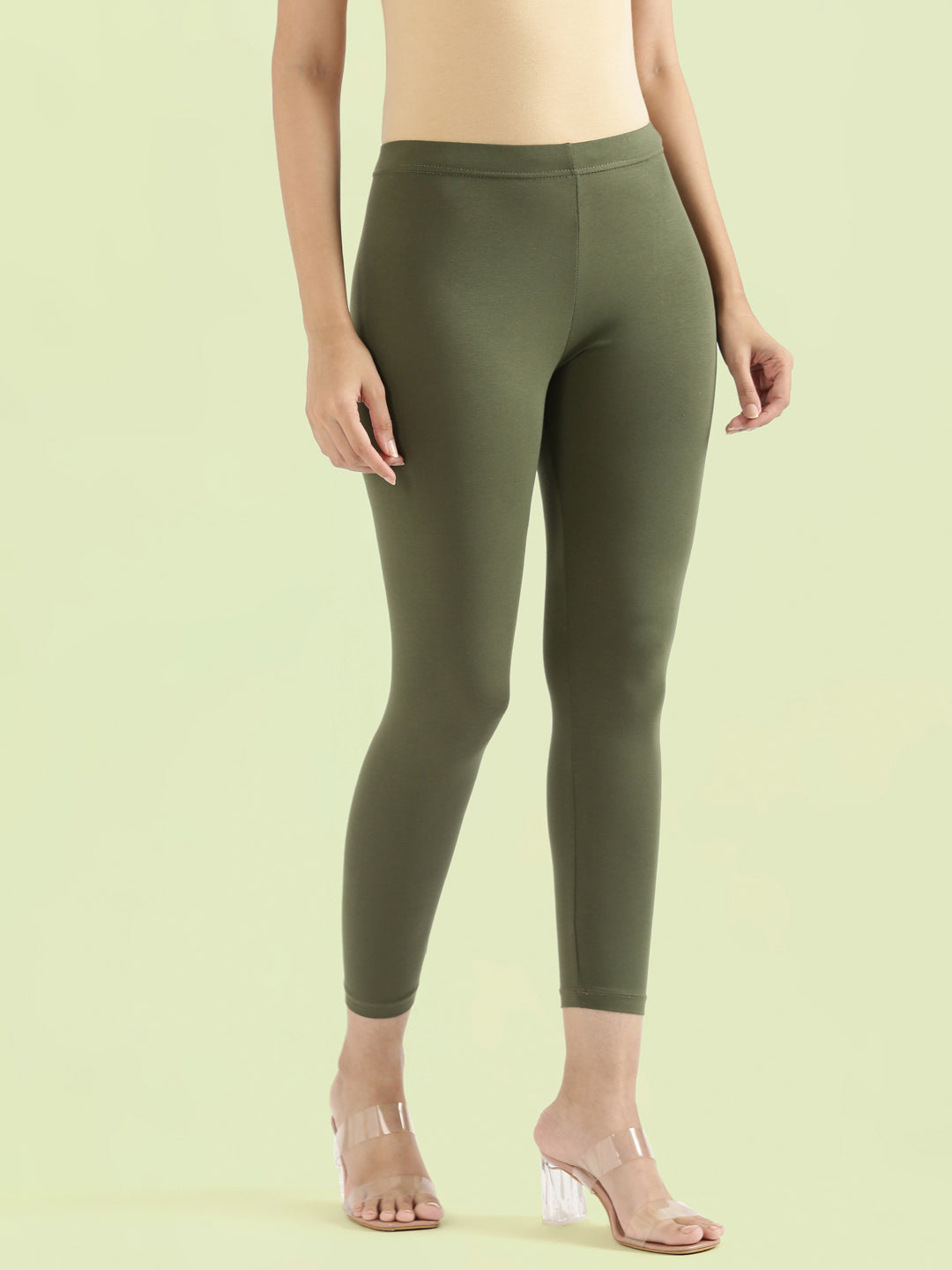 Olive Green Cotton Stretch Cropped Leggings