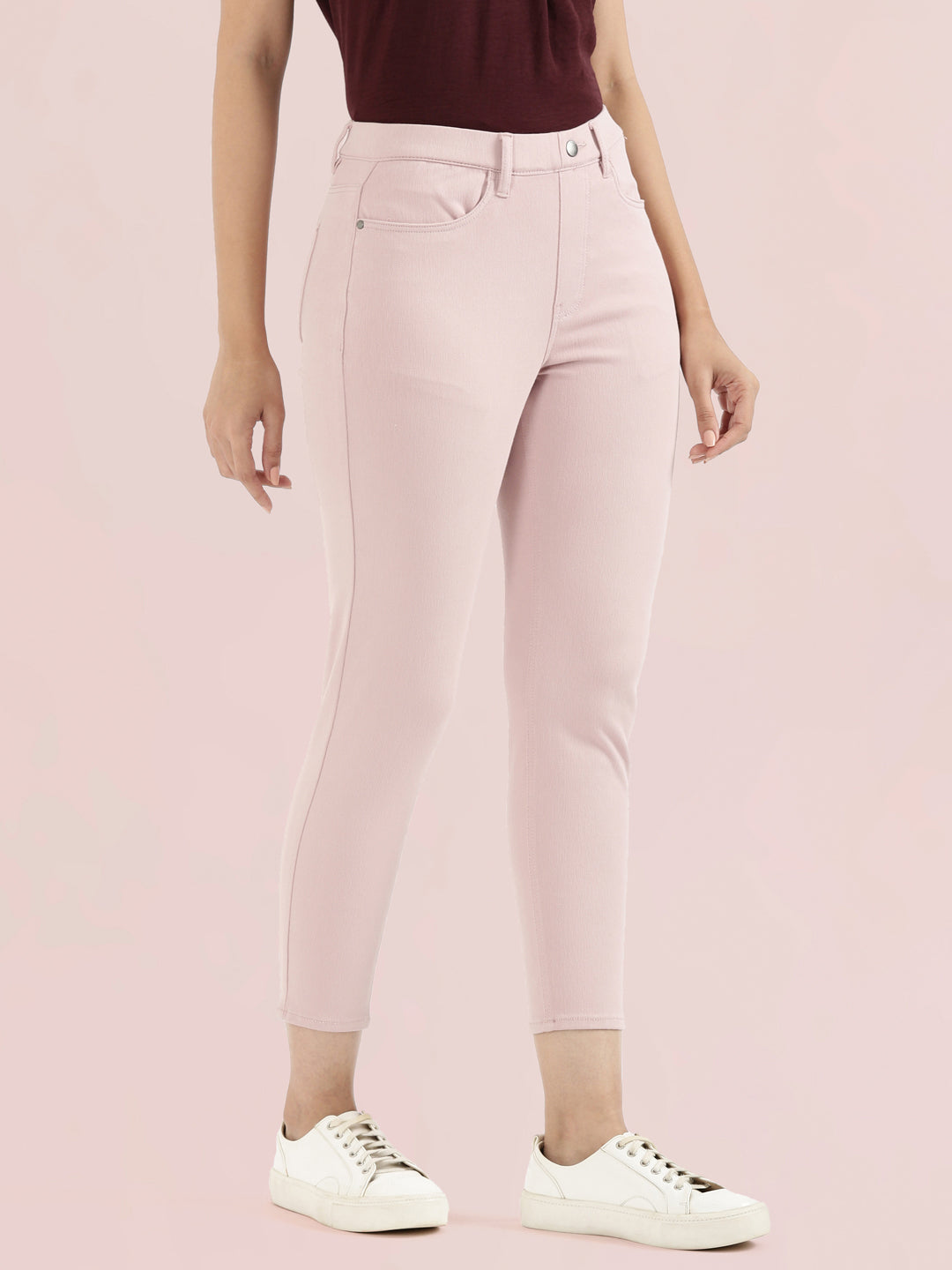 Baby Pink Cotton Poly Stretch Cropped Colored Jeggings