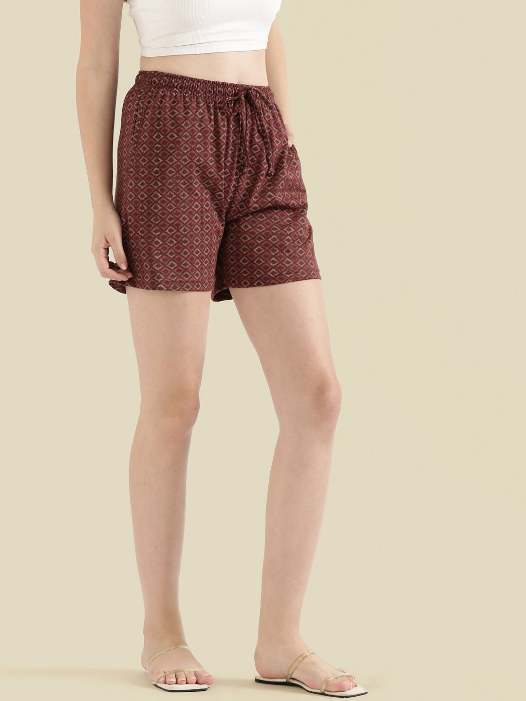 Brown Cotton Knit Printed Lounge Shorts