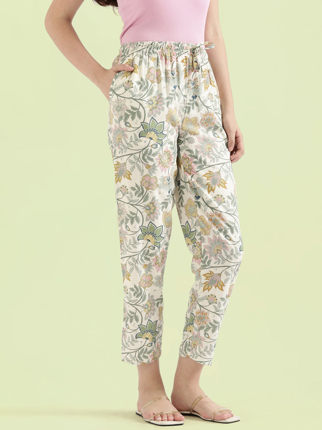 White Woven Viscose Printed Lounge Pants