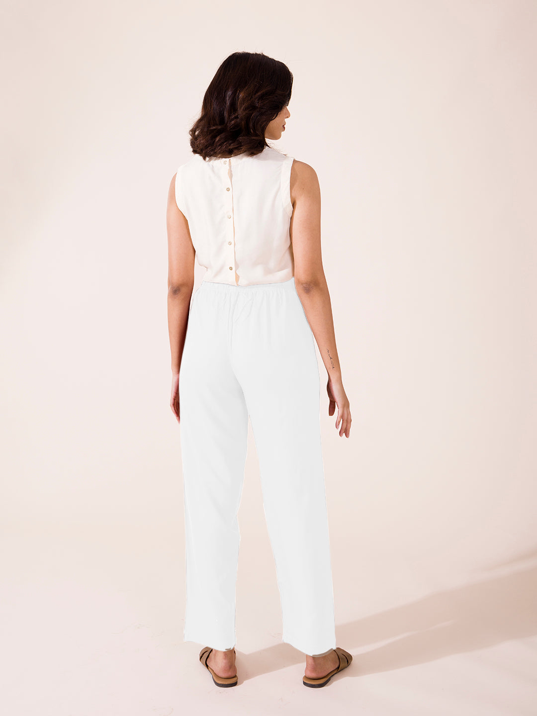 White Woven Viscose Casual Pants