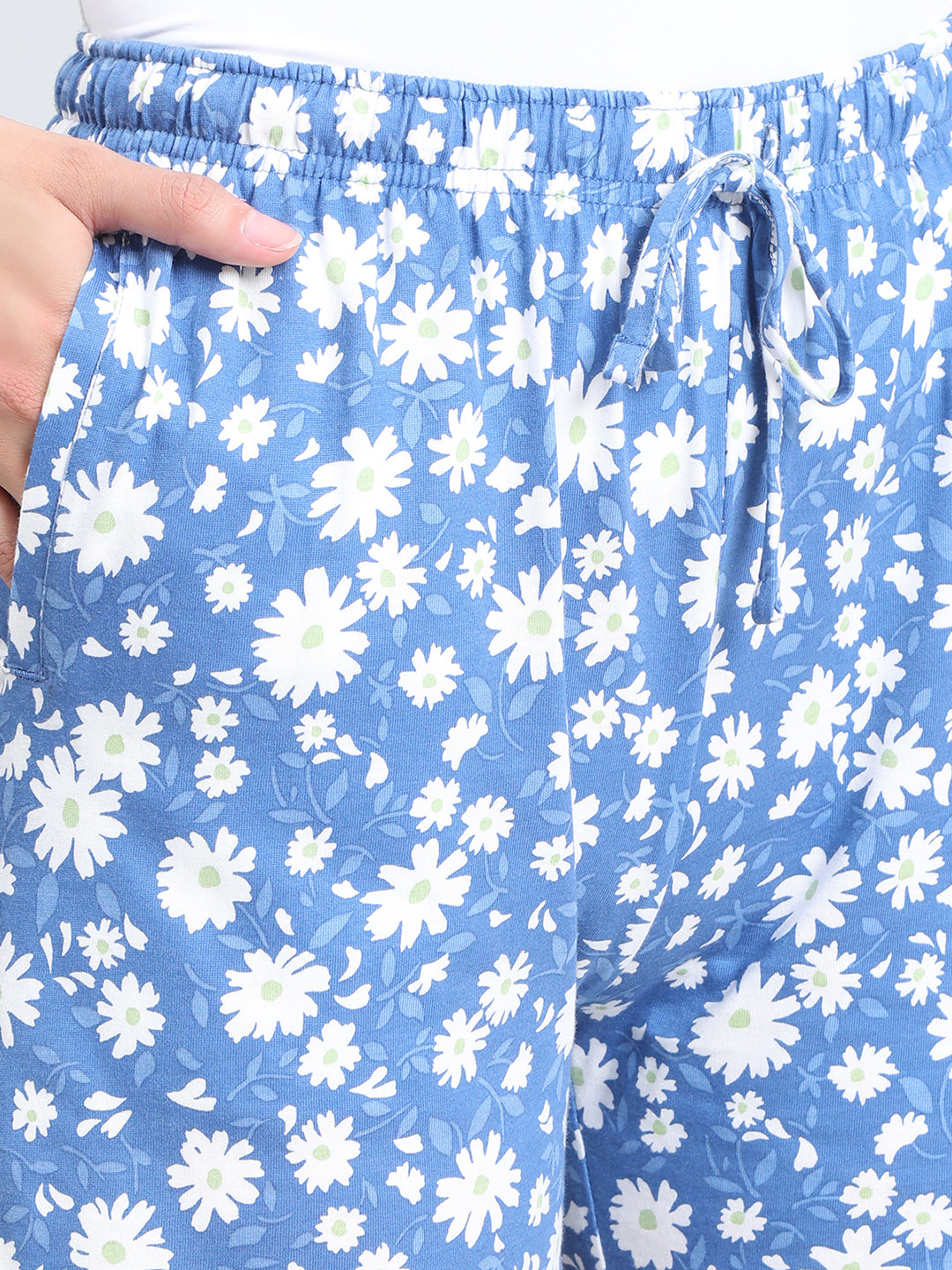 Blue Cotton Knit Printed Lounge Shorts