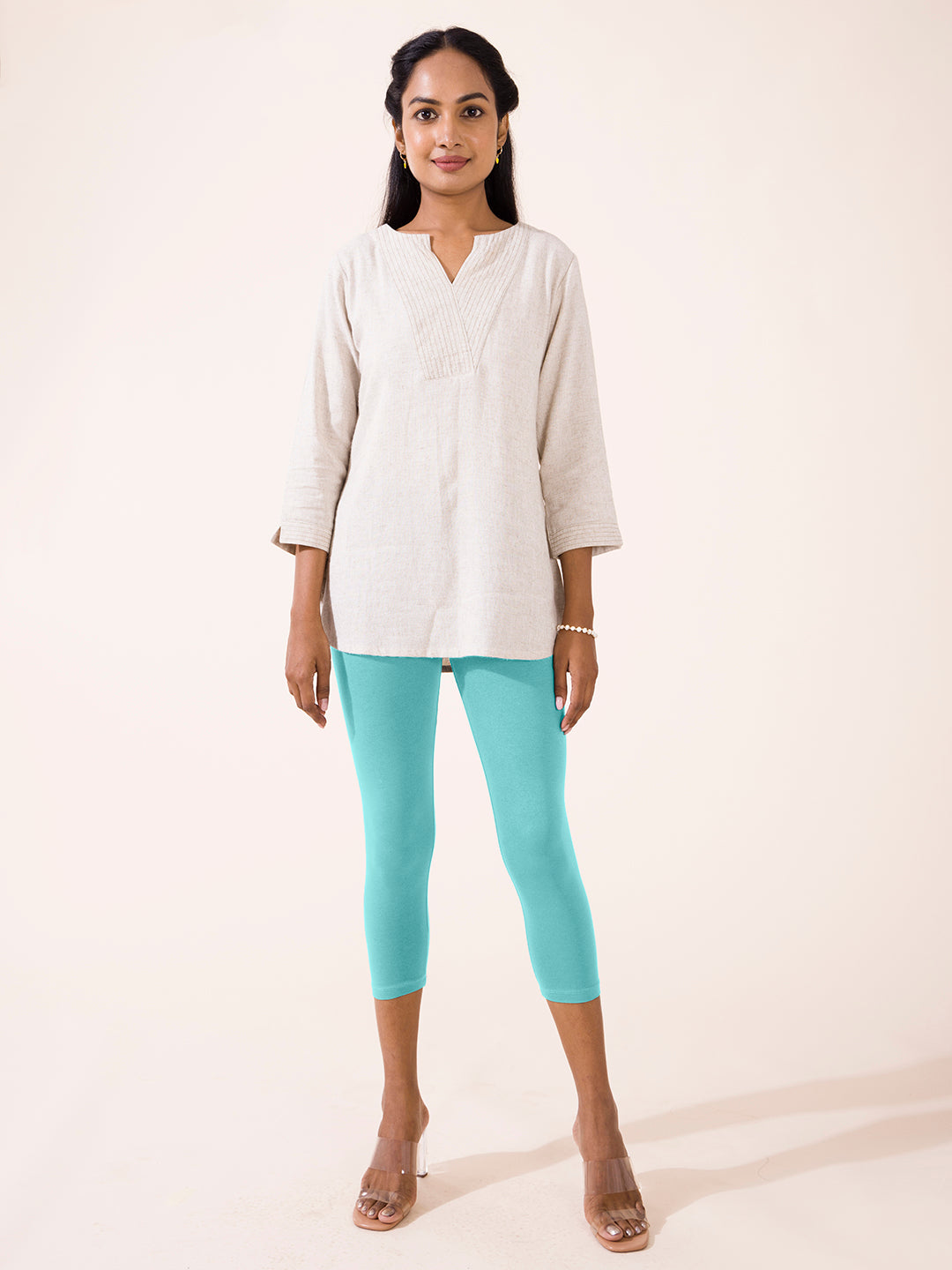 Light Mint Cotton Stretch Cropped Leggings