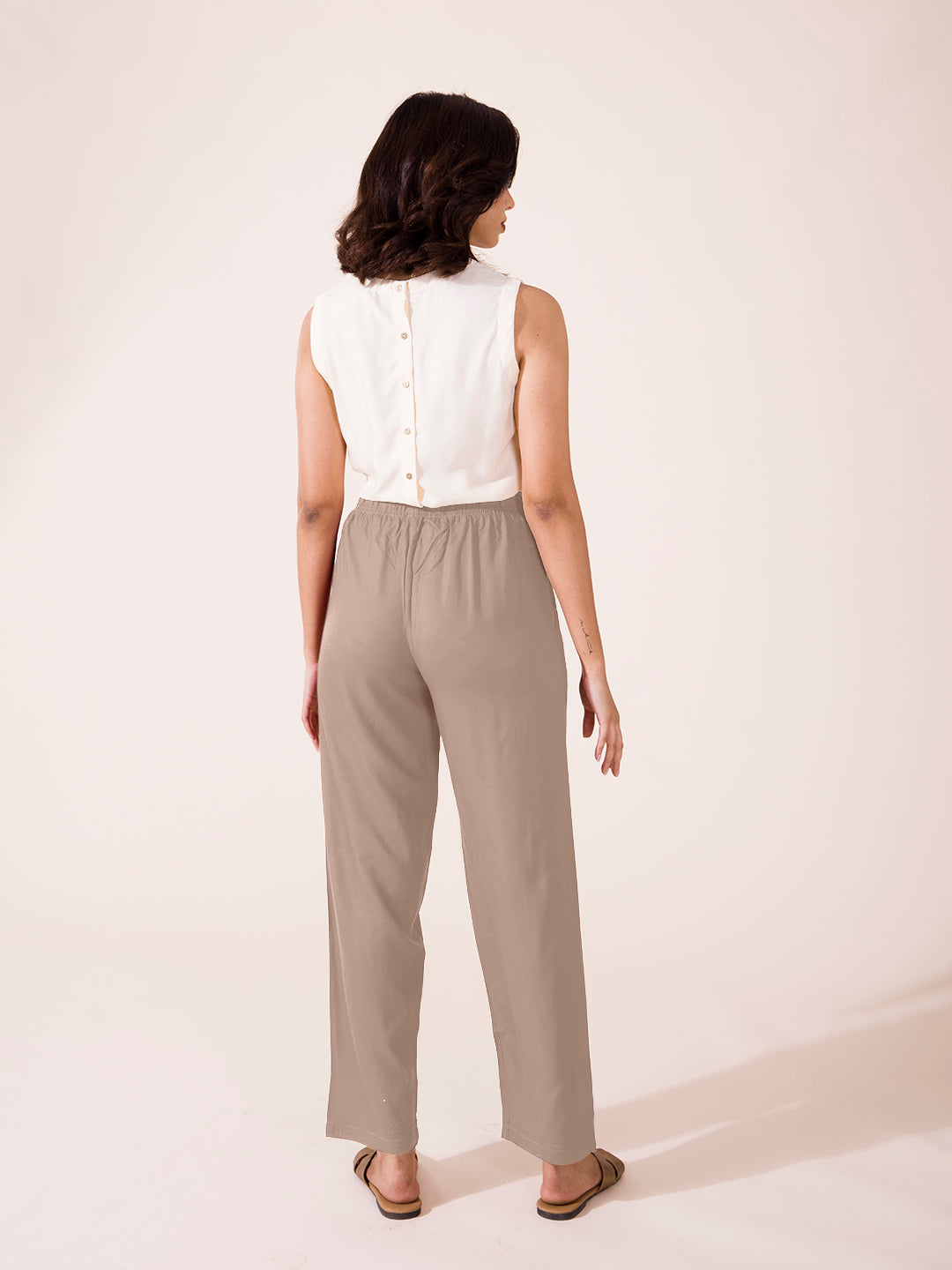 Beige Woven Viscose Casual Pants