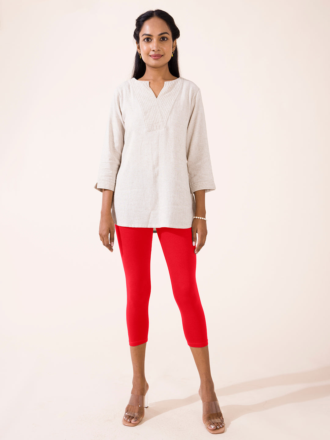 Check styling ideas for「Premium Linen Skipper Collar 3/4 Sleeve Shirt、Extra Stretch  Cropped Leggings Pants」| UNIQLO IN