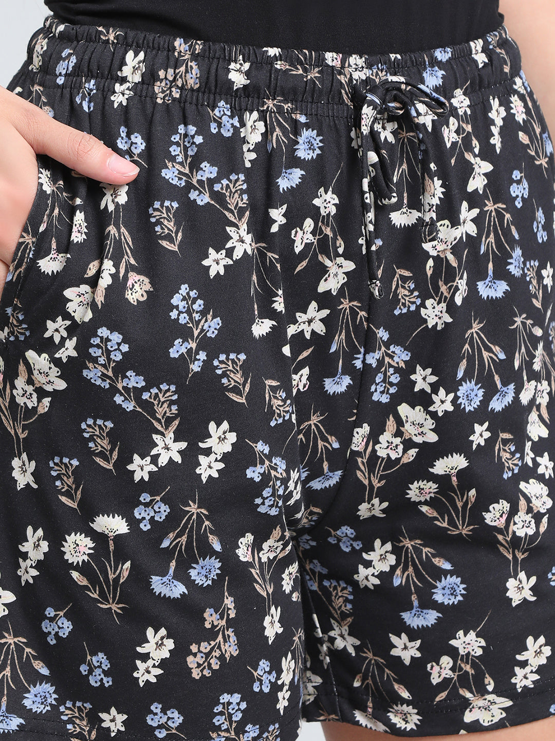 Black Cotton Knit Printed Lounge Shorts