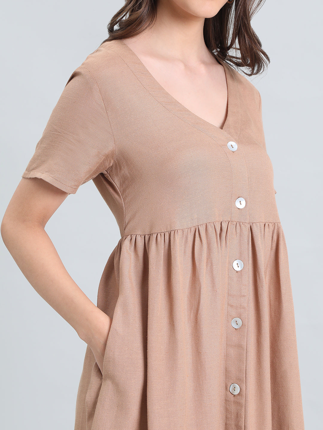 Linen V-Neck Regular Fit Short Dress