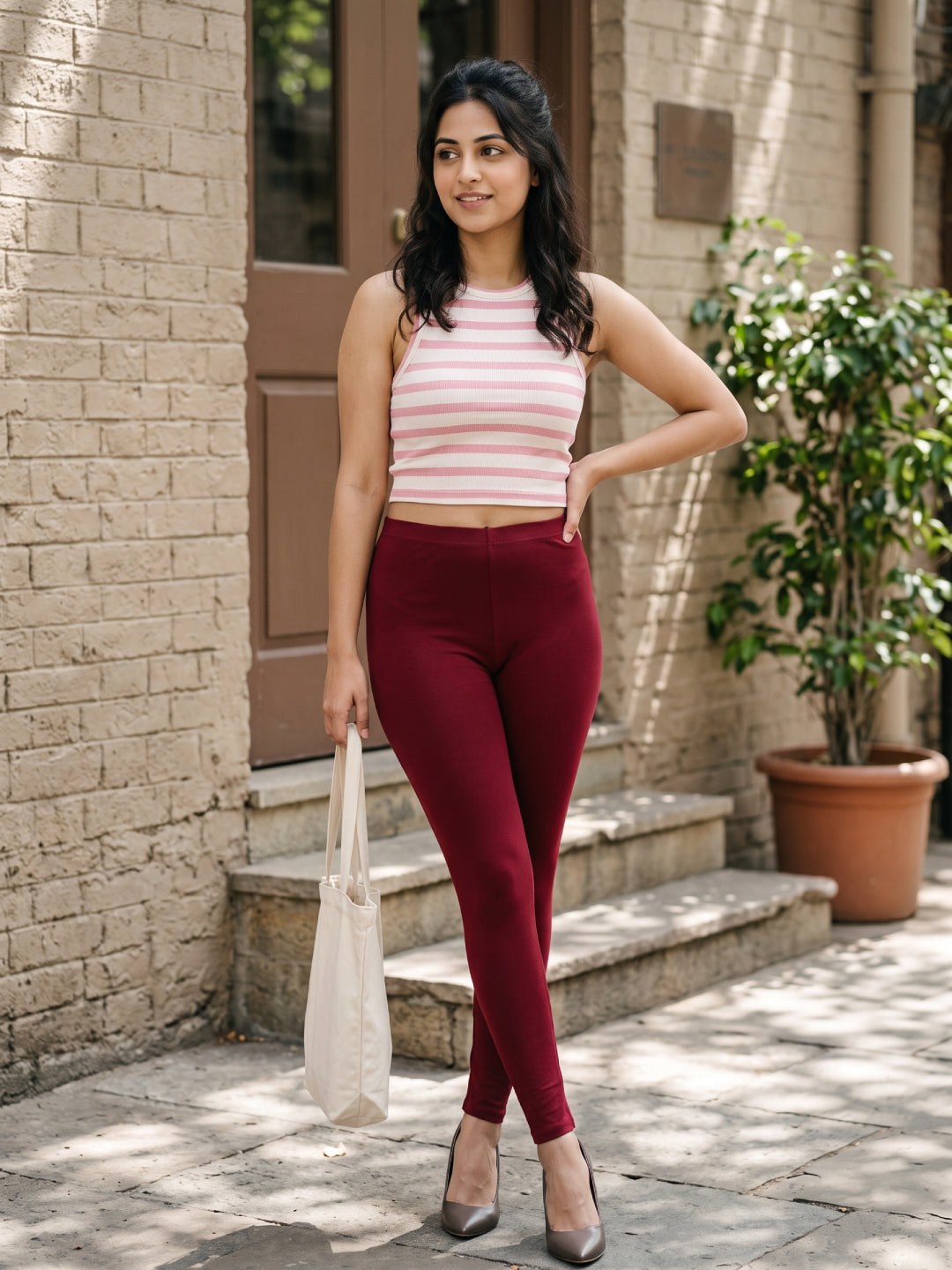 Bright Red Cotton Stretch Ankle Length Leggings