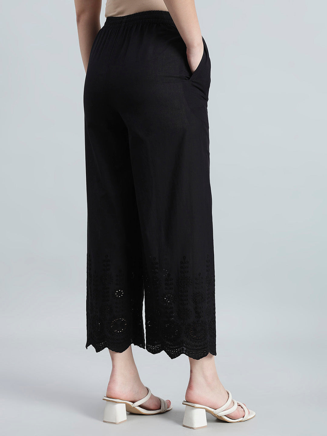 Black 100% Cotton Embroidered Wide Pant