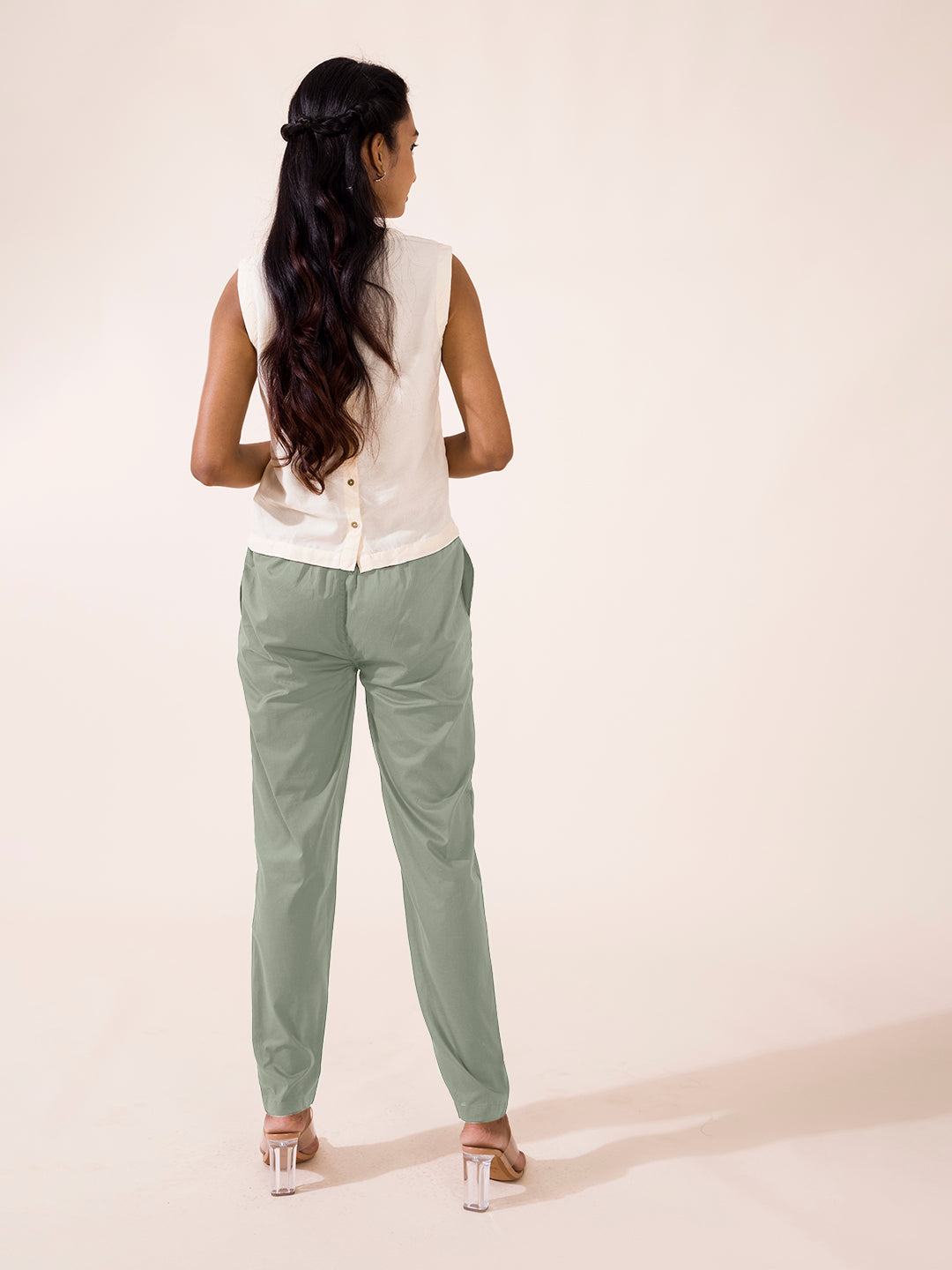Women Solid Dusty Green Comfort Fit Cotton Pants