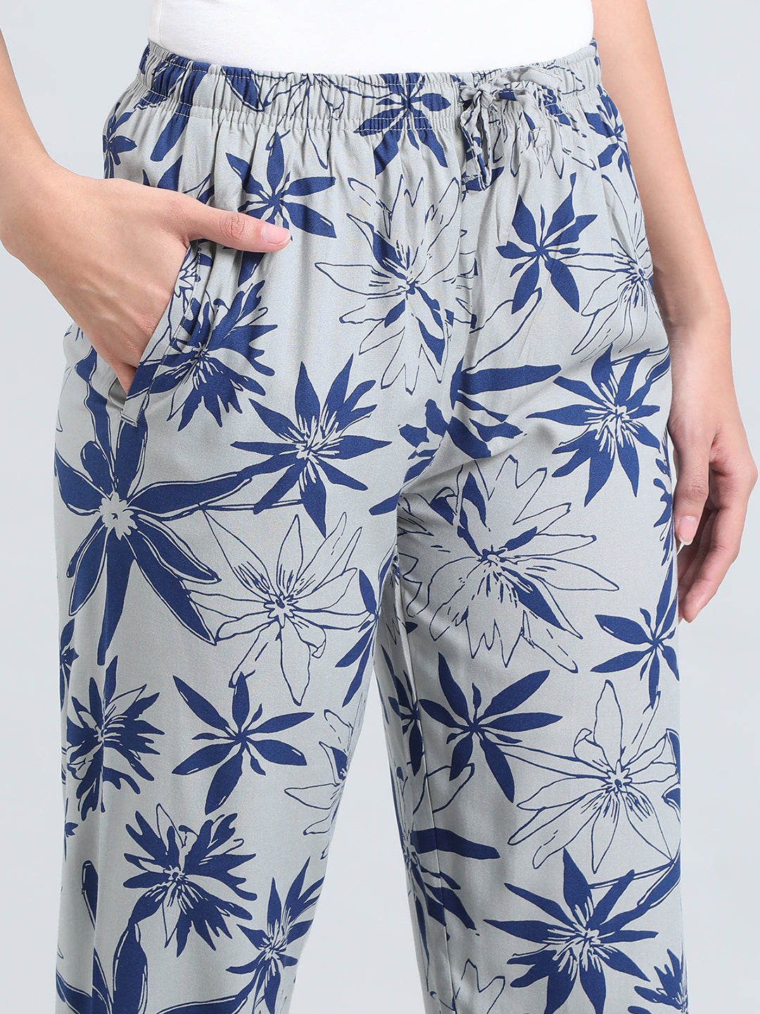 Grey Woven Viscose Printed Lounge Pants