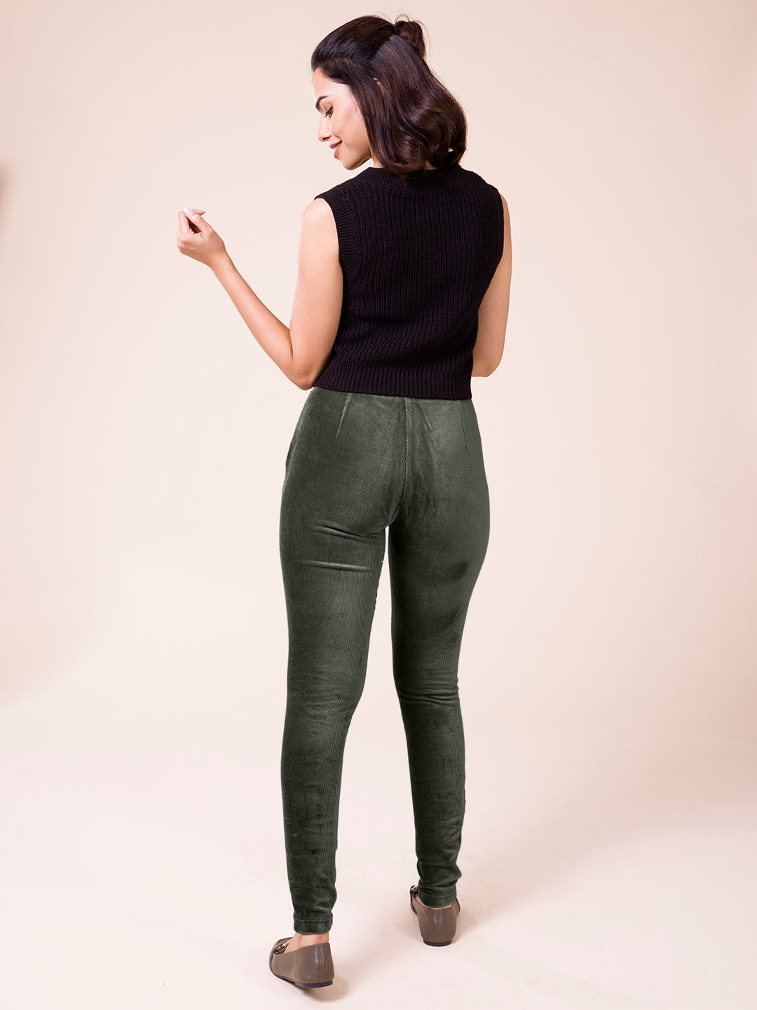 Olive Green Cotton Polyester Corduroy Jeggings