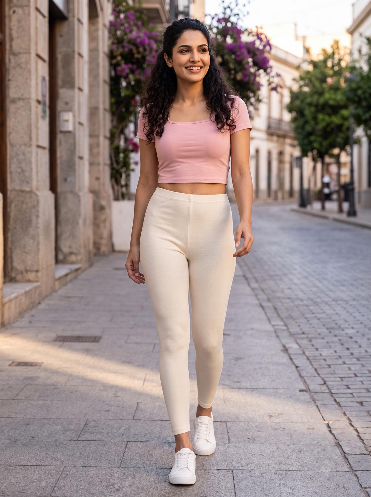Ecru Cotton Stretch Ankle Length Leggings