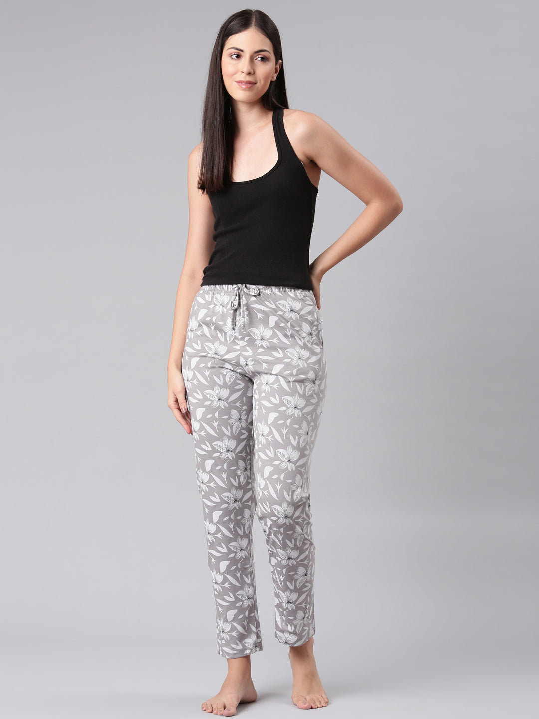 Grey Cotton Knit Printed Lounge Pants