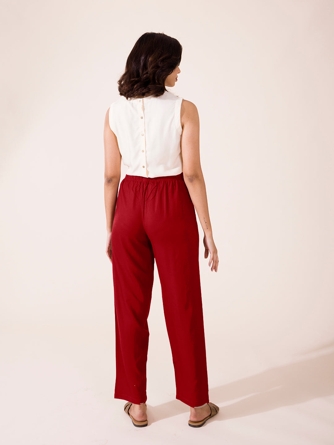 Women Solid Bright Red Viscose Mid Rise Casual Pants