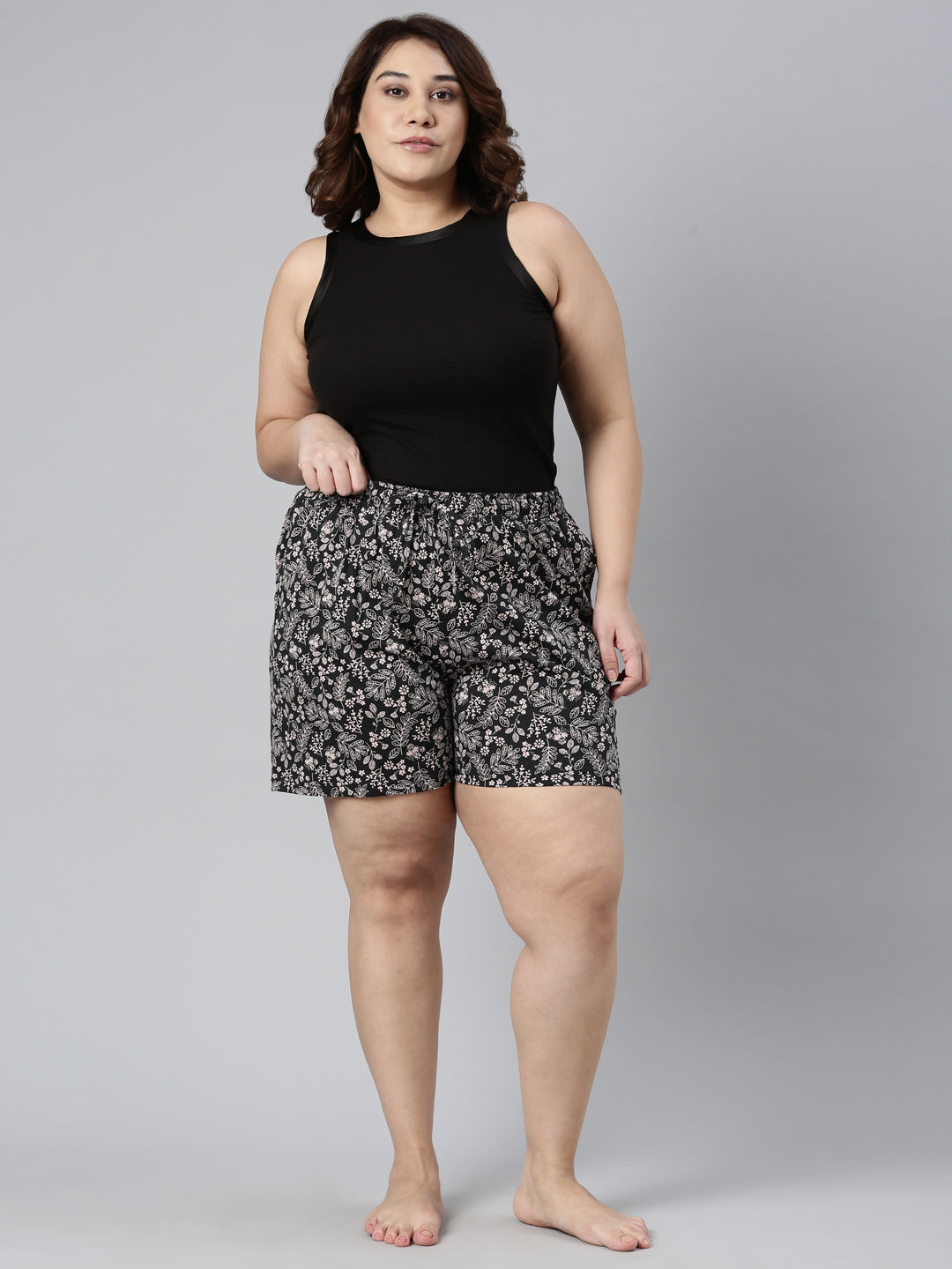 Black Cotton Knit Printed Lounge Shorts