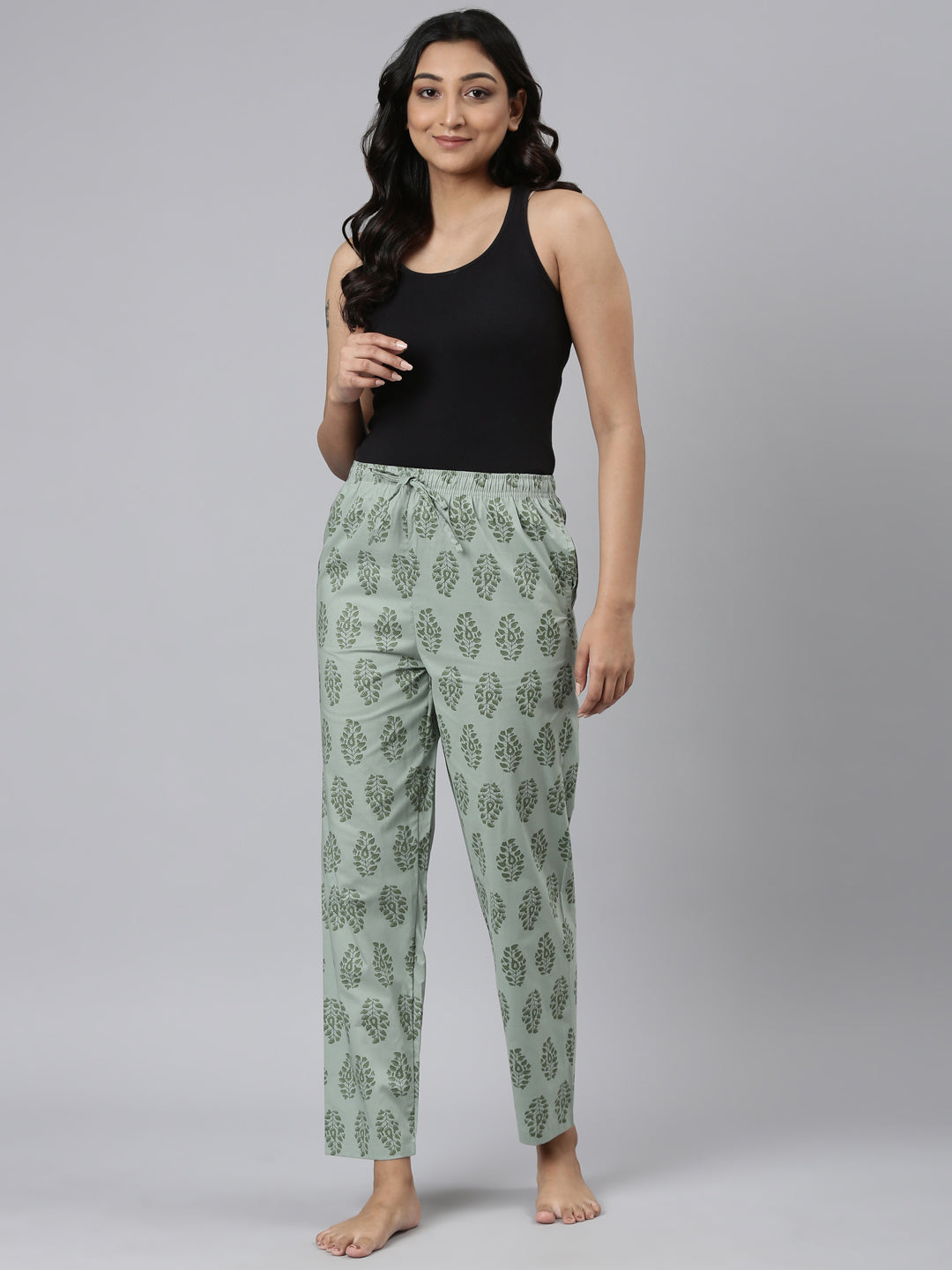 Women Printed Greens Cotton Knit Lounge Pants