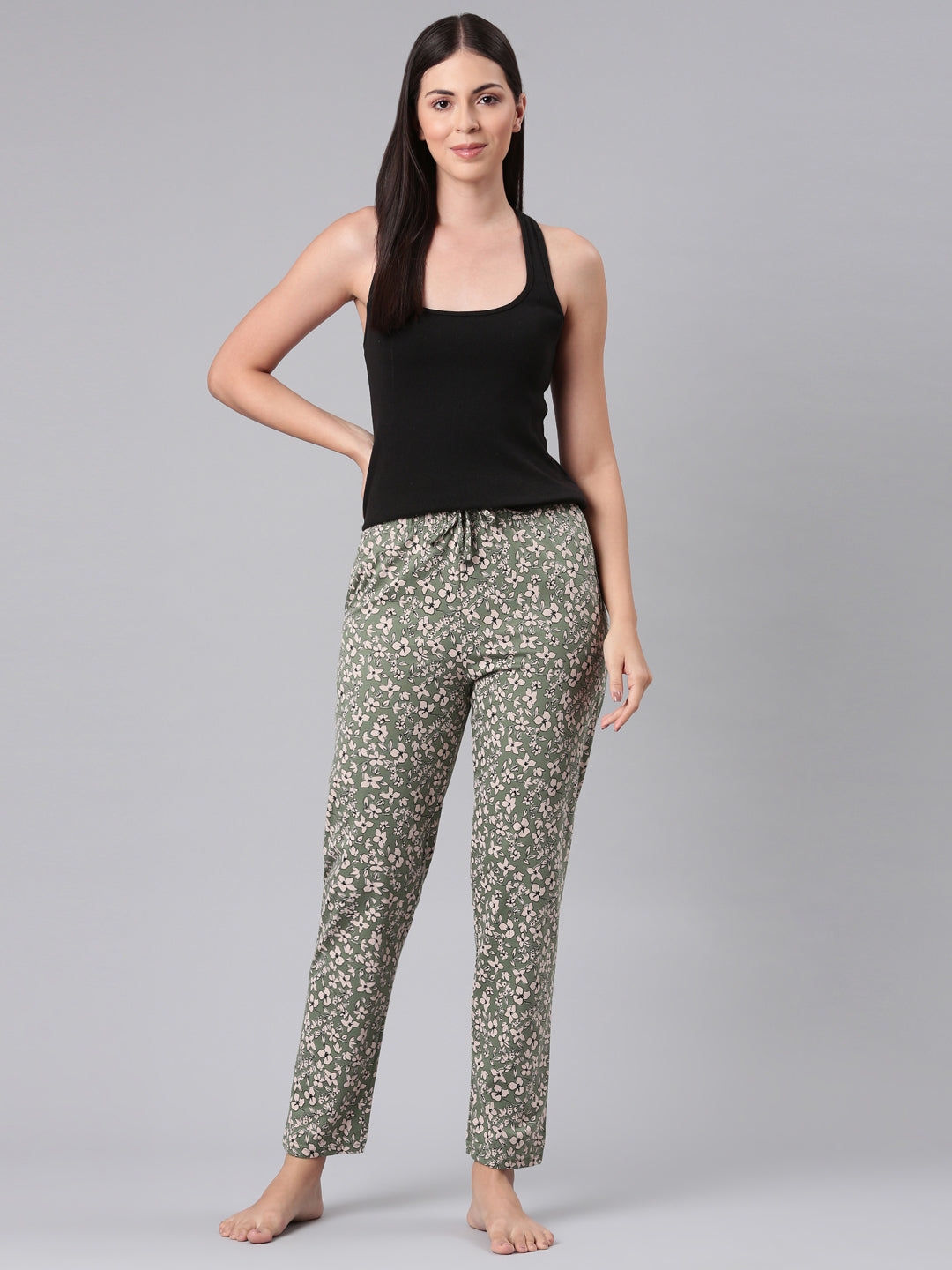 Green Cotton Knit Printed Lounge Pants