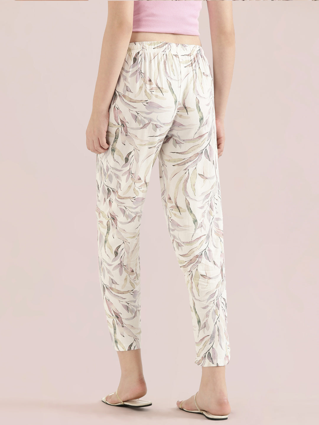 White Woven Viscose Printed Lounge Pants