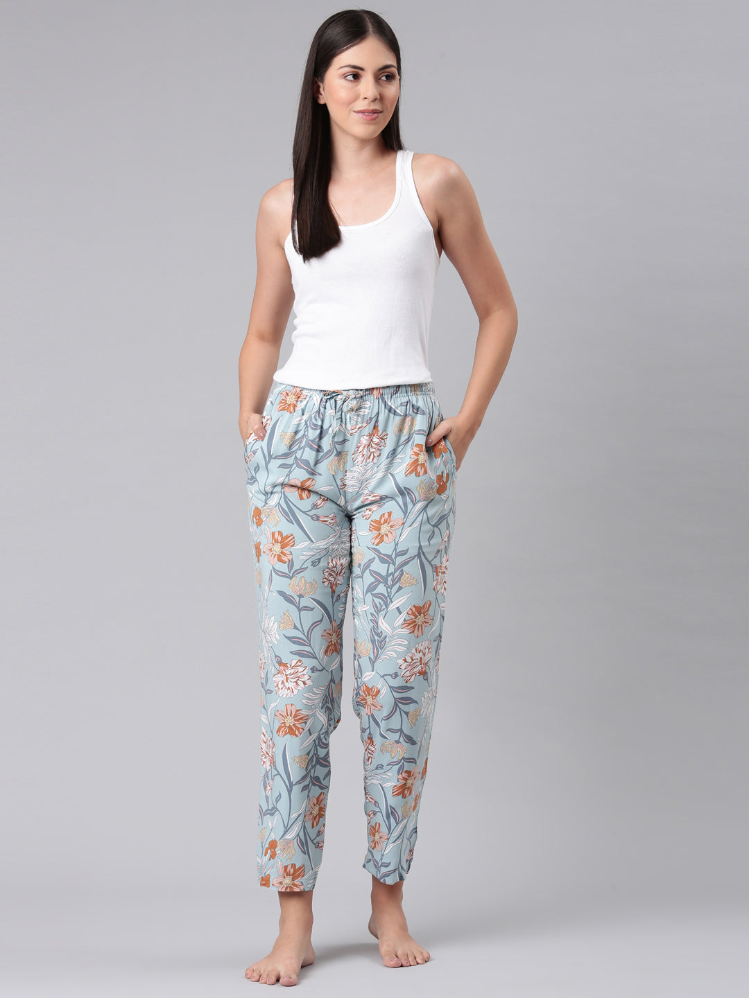 Blue Woven Viscose Printed Lounge Pants