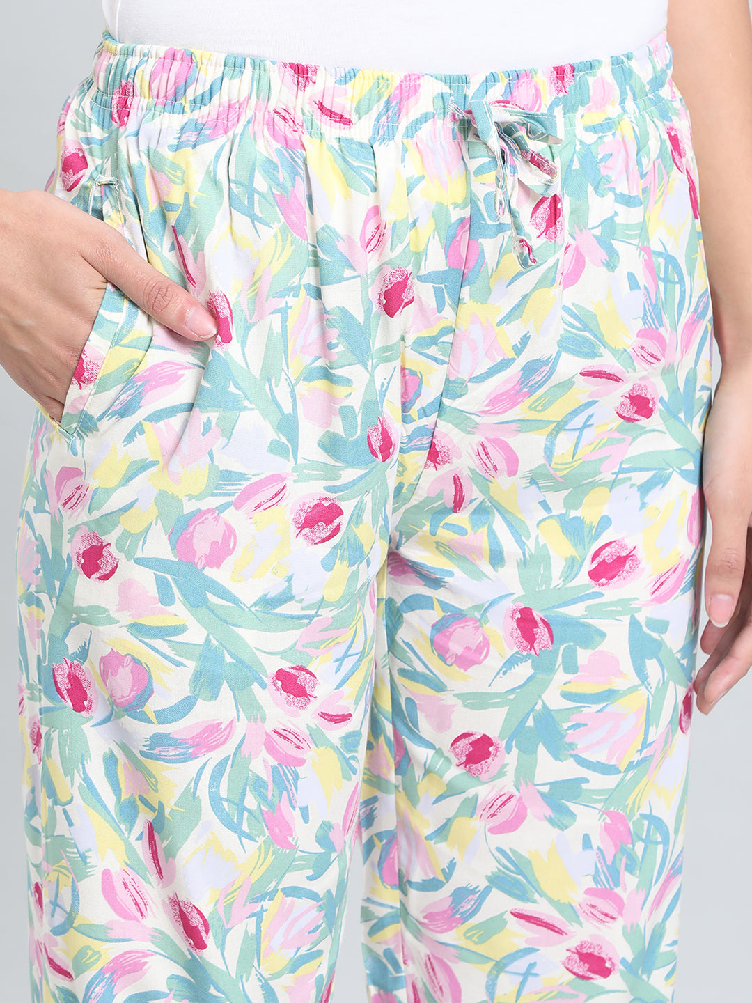 White Woven Viscose Printed Lounge Pants