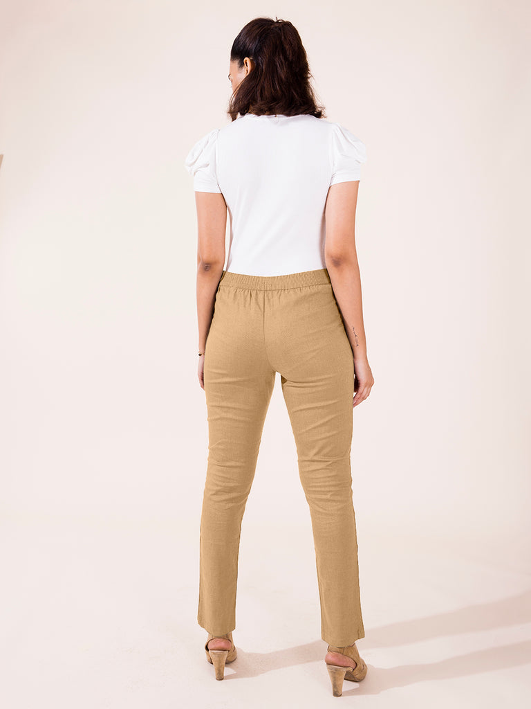 Women Solid Light Brown Mid Rise Linen Pencil Pants