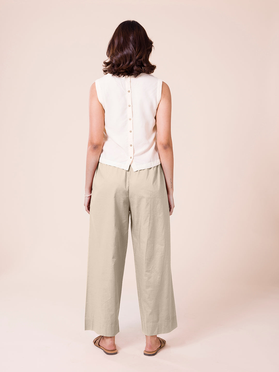 Light Beige Cotton Wide Leg Pants