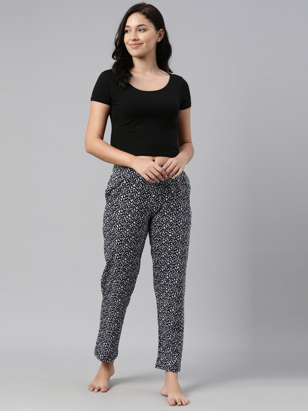 Black Cotton Knit Printed Lounge Pants