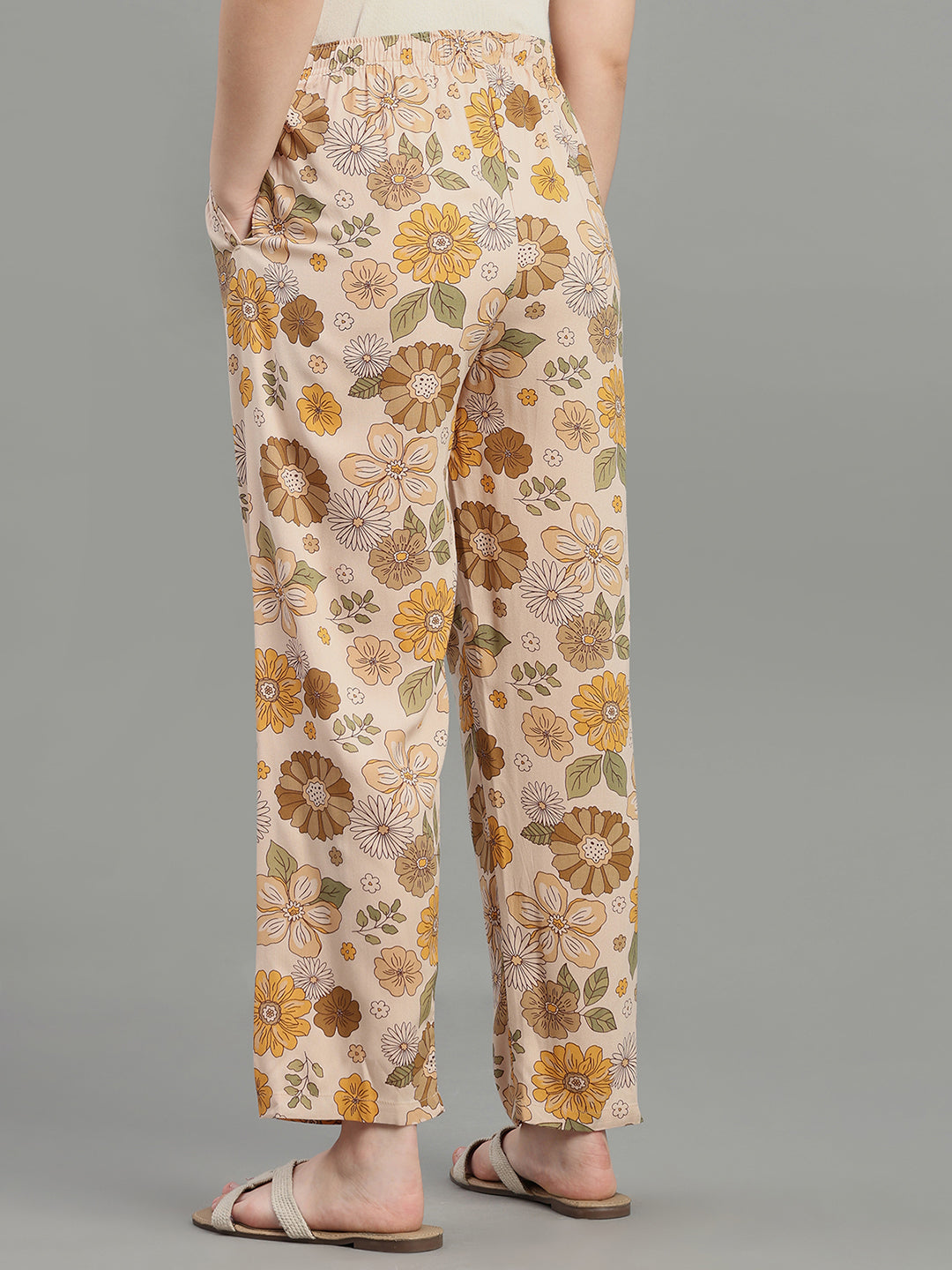 Beige Woven Viscose Printed Lounge Pants