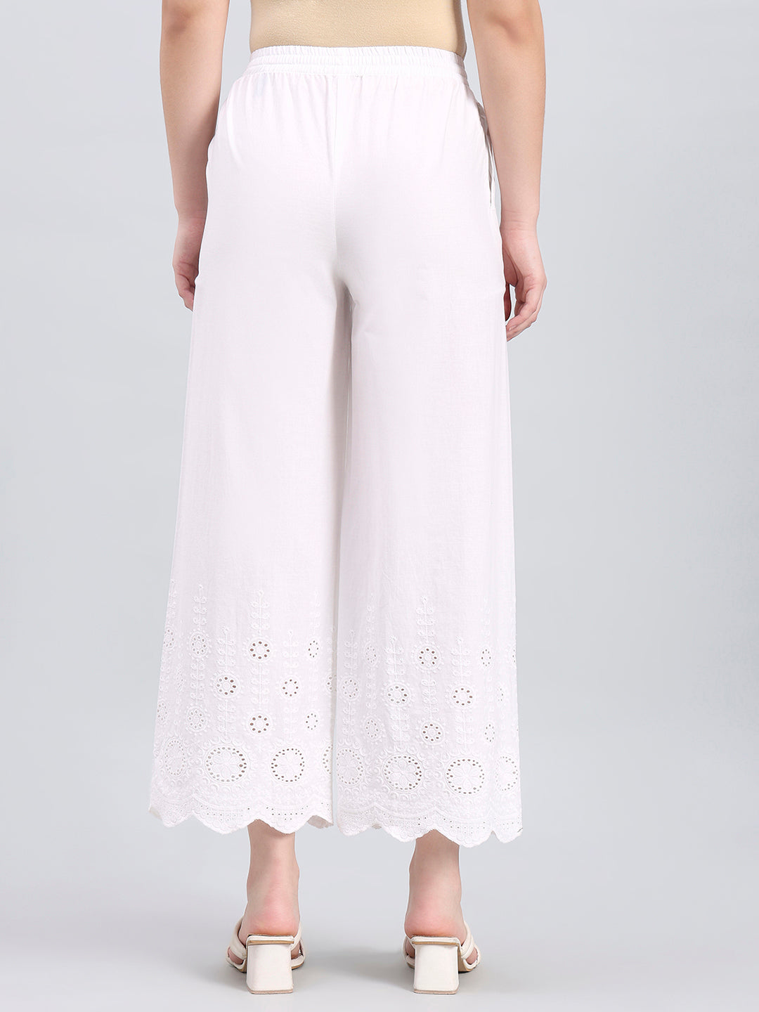 White 100% Cotton Embroidered Wide Pant