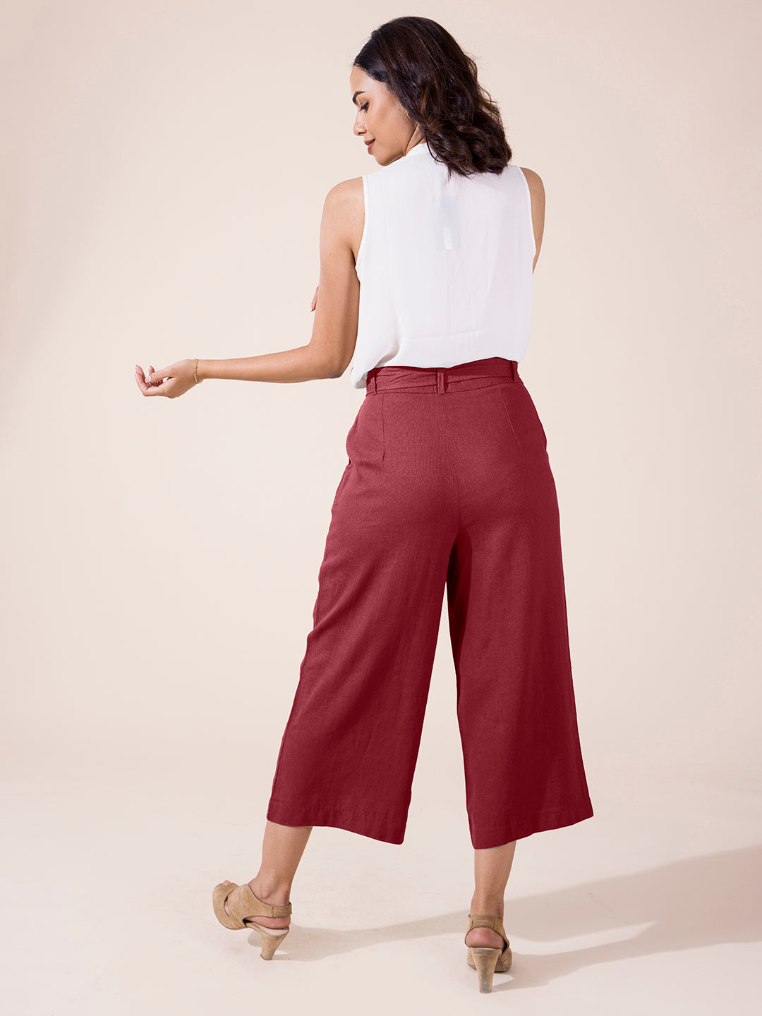 Bright Maroon Linen Blend Culottes