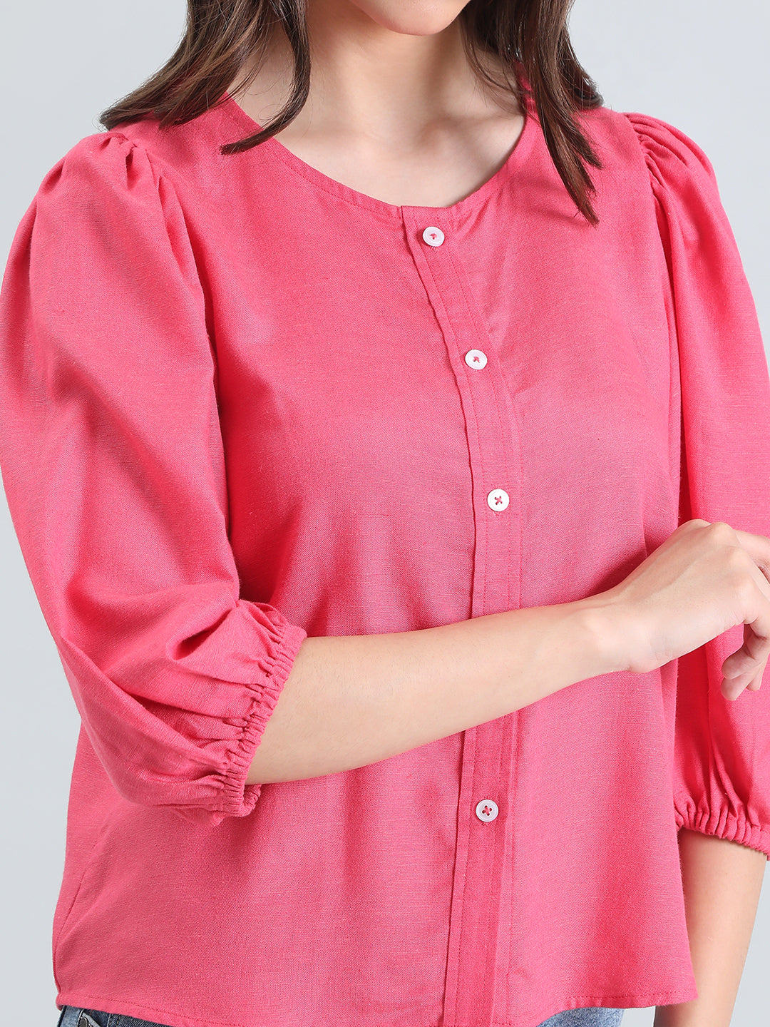 Linen Puff Sleeve Crew Neck Shirt