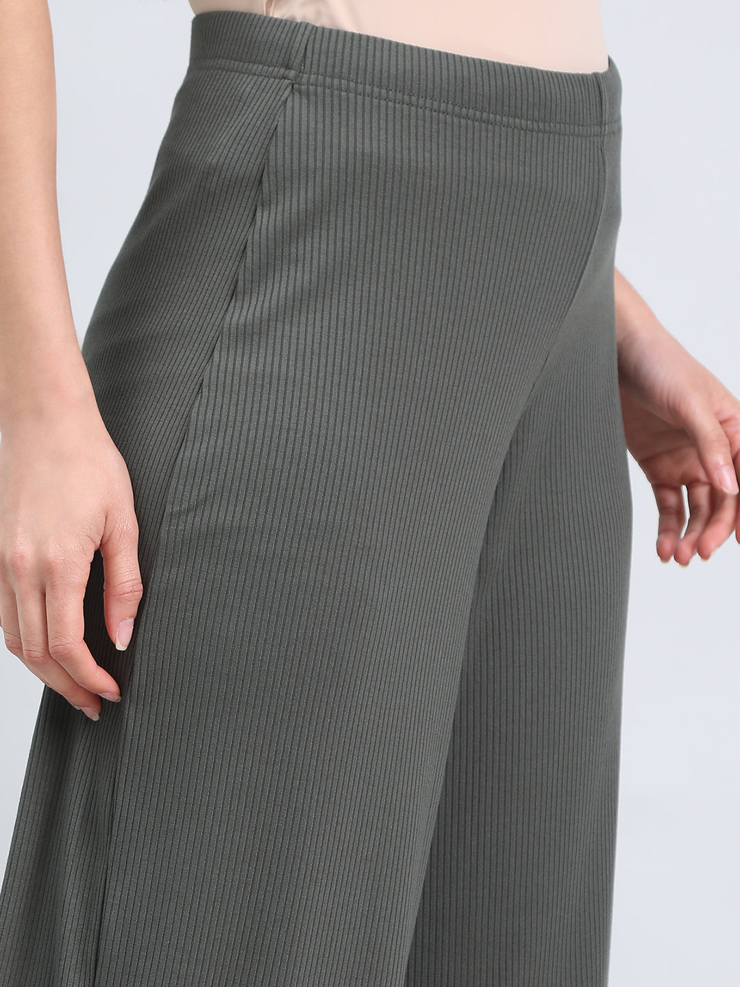 Olive Green Drop Needle Fabric Rib Palazzo