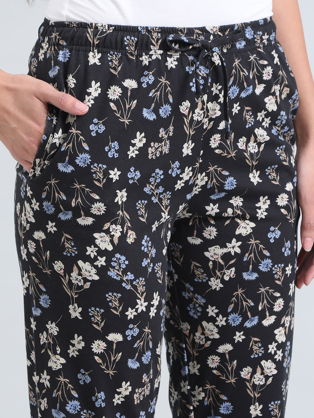 Black Cotton Knit Printed Lounge Pants