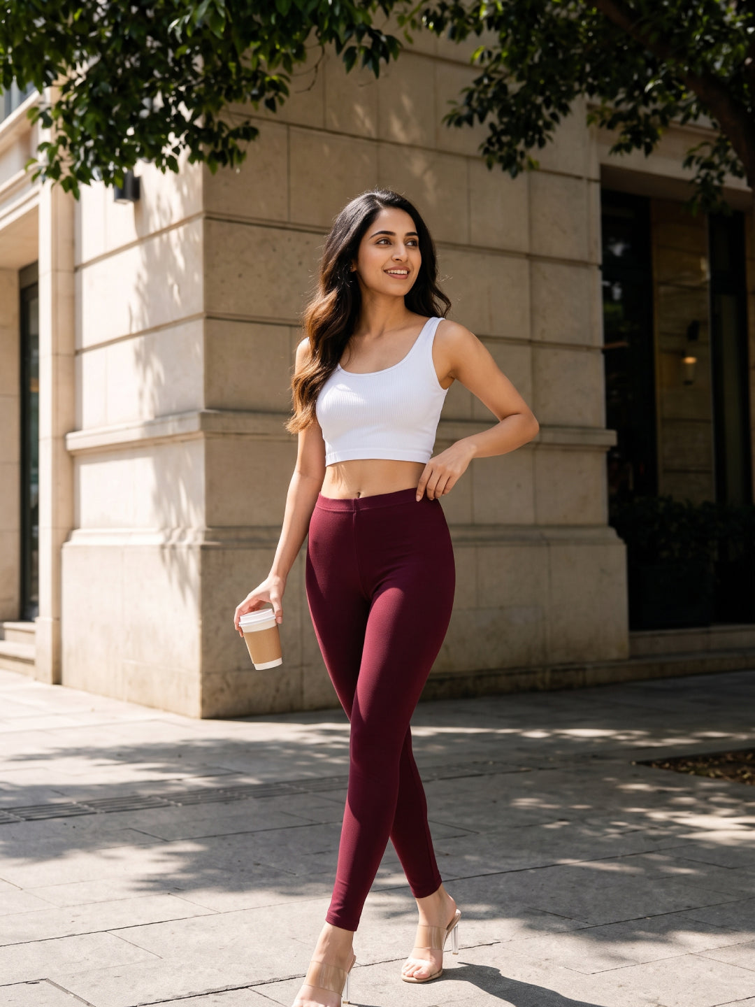 Bright Maroon Cotton Stretch Ankle Length Leggings